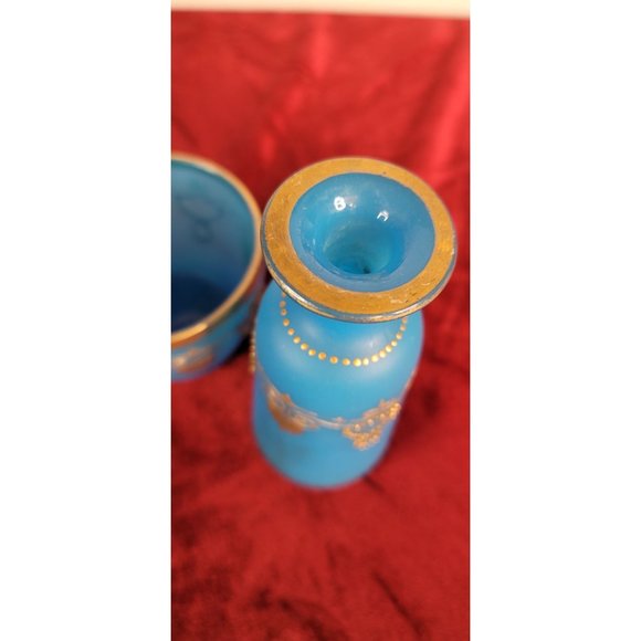 Blue Opaline Glass French Vase and Bowl with Gold Accent Gorgeous Set!  CT302 - Picture 4 of 13
